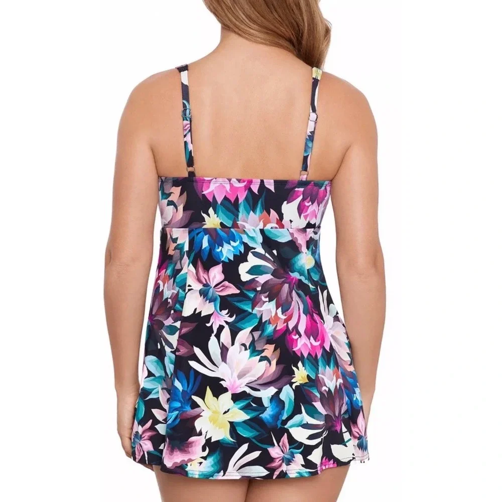 Swim Solutions Floral V-Neck Tie-Front Swimdress Black Pink Blue Beach Size 8 - Picture 3 of 7